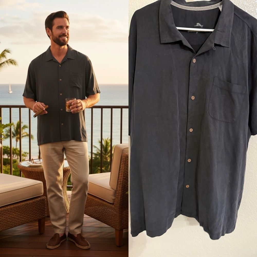 Tommy Bahama Black Silk Camp Shirt XXL Button Up Mens